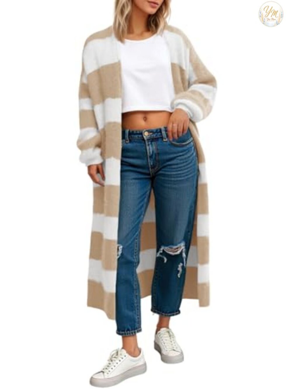 Striped Open Front Long Cardigan Chunky Fuzzy Knit Duster Sweater Coat